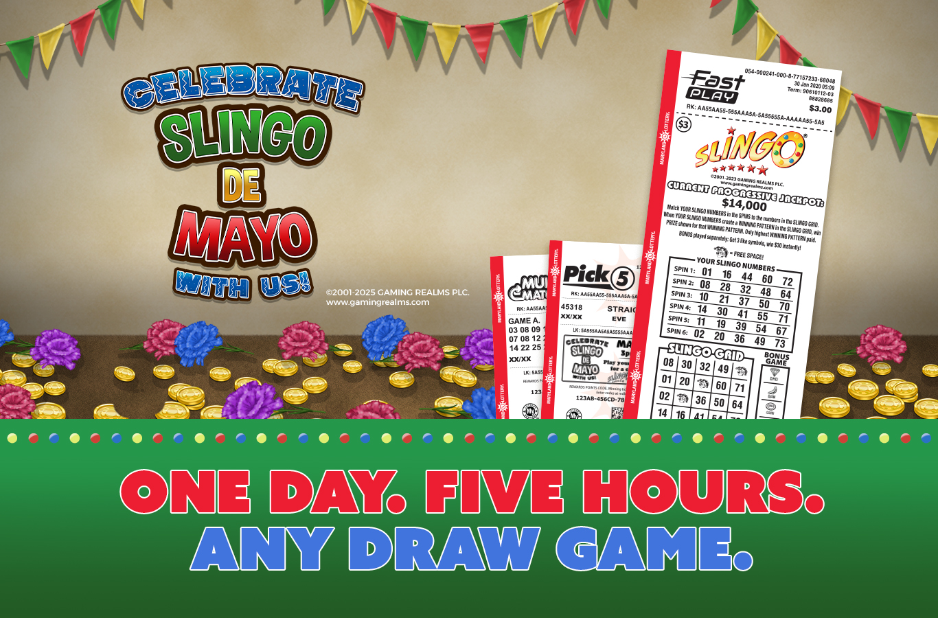 For one day only on May 5 from 3-8 P.M., purchase any draw game and you could win a FREE $3 Slingo FAST PLAY ticket!